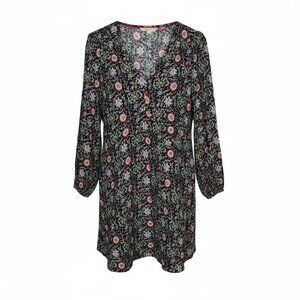 Boden Floral Tunic Dress | Black Boho Print | V-Neck Long Sleeve Shift | Size 6R